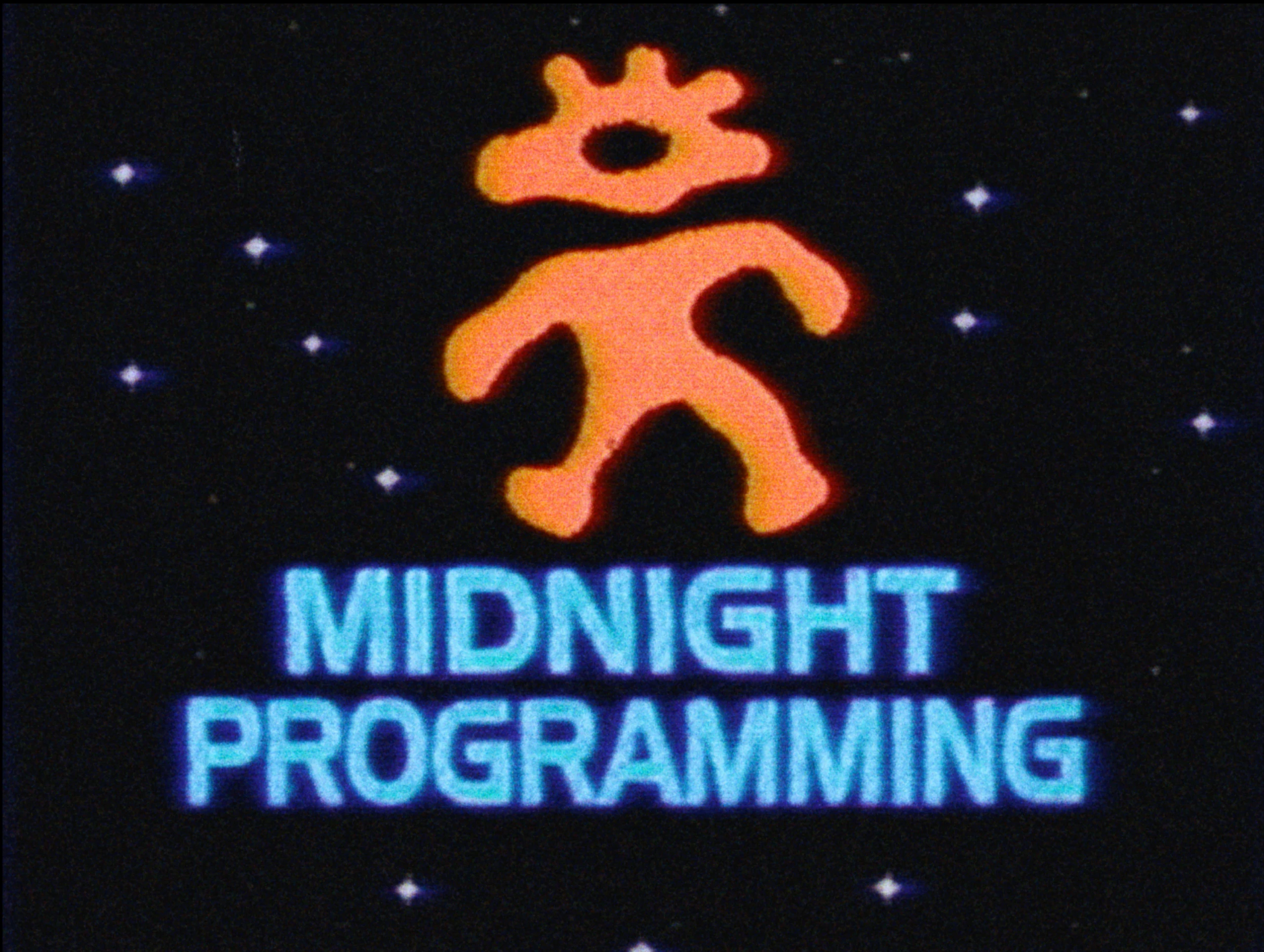 An orange one-eyed figure above glowing blue Midnight Programming lettering against a dark, star-filled background.